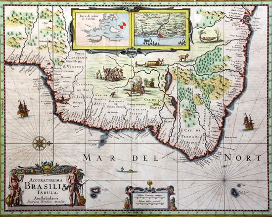 Henricus Hondius Map of Braziliae, overall 17 x 19.5in.